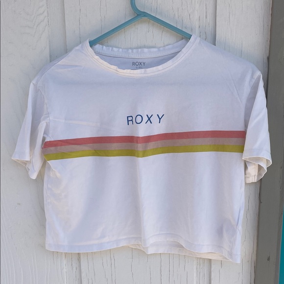 🏄🏼‍♀️ Girls XL Roxy White Tee with Pink and Yellow Stripes - Picture 1 of 2